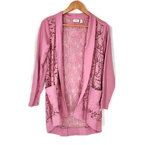LOGO by Lori Goldstein Women's Open Front Dusty Pink Lace Cardigan Size M